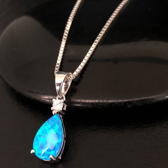 Sterling Silver Blue Opal CZ Necklace - Picture 4 of 8